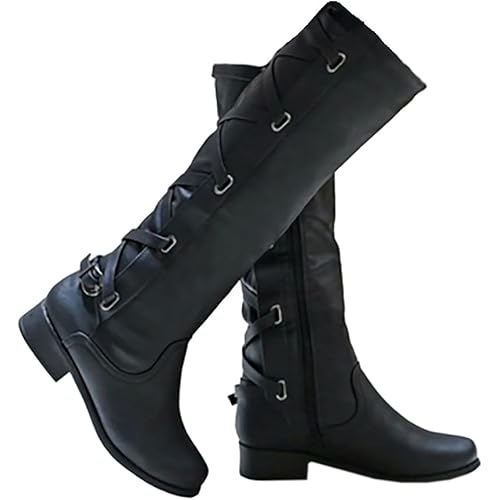 Syktkmx Womens Strappy Motorcycle Knee High Boots Winter Lace Up Riding Flat Low Heel Shoes