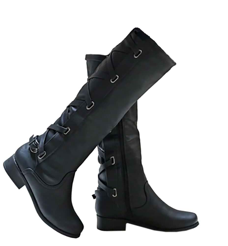 Syktkmx Womens Strappy Motorcycle Knee High Boots Winter Lace Up Riding Flat Low Heel Shoes
