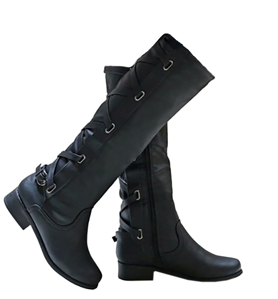 Syktkmx Womens Strappy Motorcycle Knee High Boots Winter Lace Up Riding Flat Low Heel Shoes