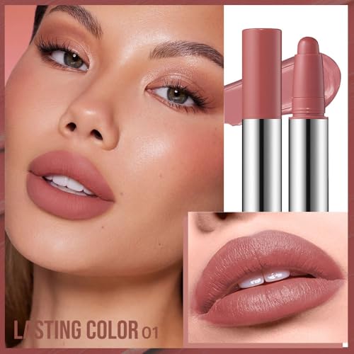 Image of Muted Nude Brown Matte Lipstick Crayon - Waterproof Long Lasting Lip Liner Pencil, High Pigment Creamy Velvet Lipstick, Non-Drying Lip Color for Women, 01#