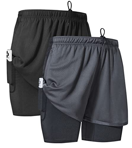 Silkworld Men's 2 In 1 Running Short Mesh Quick Dry Athletic Gym Shorts For Men - Zipper Pockets, A1/Black+Deep Gray, Medium #TOP19