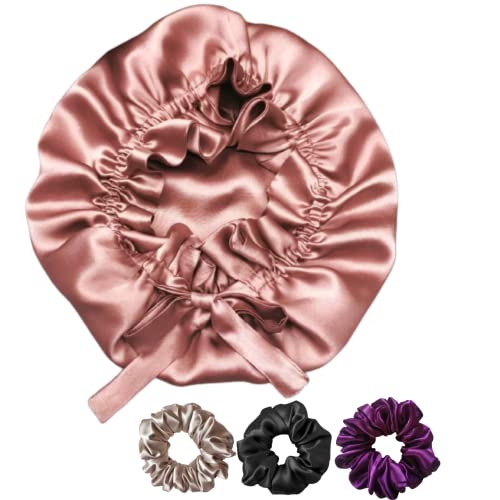 Candibella’s Satin Silk Bonnet for Hair with 3 Premium Scrunchies, Adjustable Silk Hair Cap for Sleeping, Satin Bonnet for Curly Hair with Ribbon Tie Band, Satin Hair Wrap (Dusky)