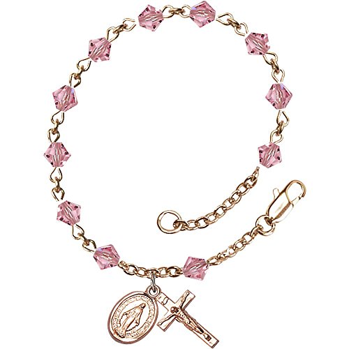 14Kt Yellow Gold Filled Rosary Bracelet 5Mm Light Rose Swarovski Rundell-Shaped Beads Crucifix Sz 5/8 X 1/4. #TOP14