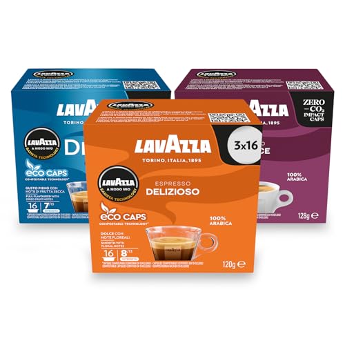 Lavazza, Medium Roast Trio, A Modo Mio, Coffee Capsules, Compostable, 3 packs of 16 Coffee Pods (48 Coffee Capsules)