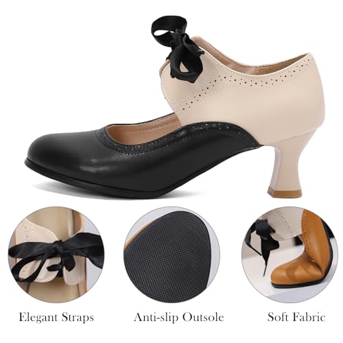 LanreyTaley Women's Vintage Mary Jane Shoes 60s Low Kitten Heels Round Toe Wingtip Brogue Shoes Cut Out Dress Pumps2