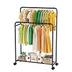 Simple Trending Clothing Clothes Rack Double Rods with Wheels, Rolling Metal Garment Rack for Hanging, Black