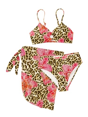Image of RoseSeek Girls 3 Piece Bikini Set with Beach Skirt Floral Leopard O-Ring Padded Swimsuit for Teen Girls