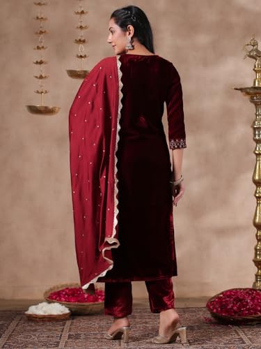 Image of ishin Women's Velvet Yoke Design Zari Maroon Straight Kurta Suit Set with Trousers & Dupatta
