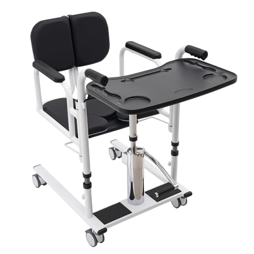 Hydraulic Patient Lift Transfer Chair for Home, Multifunctional Bedside Commode Wheelchair, 180°Split Seat, 150KG Capacity, Black, White