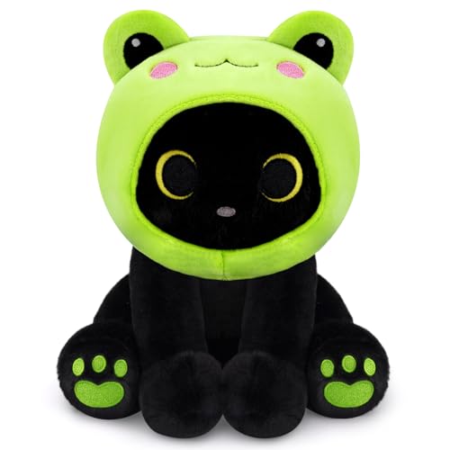 Hagusahuo Frog Plush Toy, Cute Black Cat Plush with Removable Frog Hat, 8" Soft Plushie Cute Stuffed Animal Pillow for Kids, Birthday Gift for Boys and Girls and Adults