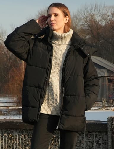 Flygo Womens Hooded Quilted Puffer Jacket Mid-Length Padded Warm Winter Heavyweight Coat Outerwear2
