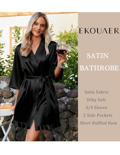 Image of Ekouaer Women's Satin Robes Short Silk Kimono Bath Robe with Pockets
