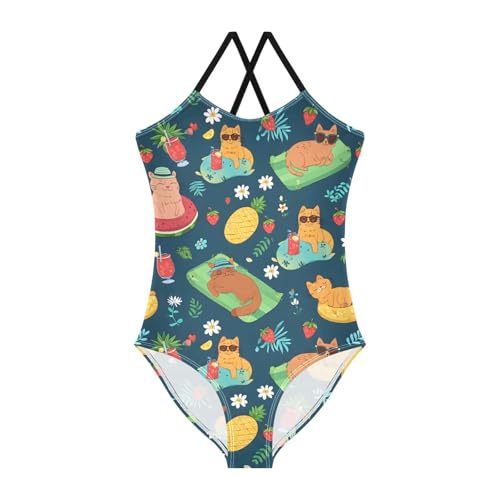 Summer Cat Pattern Girls Swimsuits Quick Dry Crossback One Piece Beach Swimwear Bathing Suit, 9-10T Multicoloured