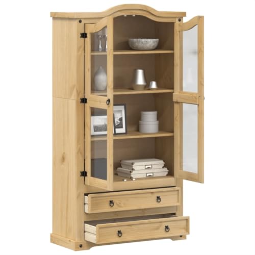 Vitrine en bois massif Corona 99 x 43 x 187 cm - En pin rustique - Avec poignées en métal - Espace de rangement - Étagères - Durable - Robuste - Facile d'entretien -...