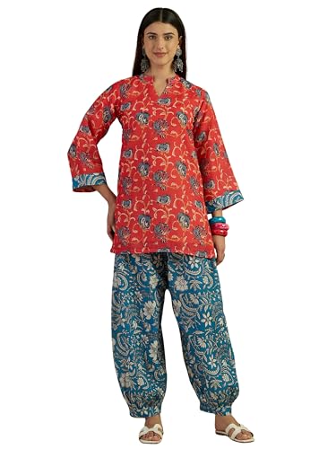 Image of EthnicJunction Women's Linen Floral Print Summer Wear Straight Short Kurti with Afghani Pant Set | Co Ord Set for Women Stylish | Fusion wear Women