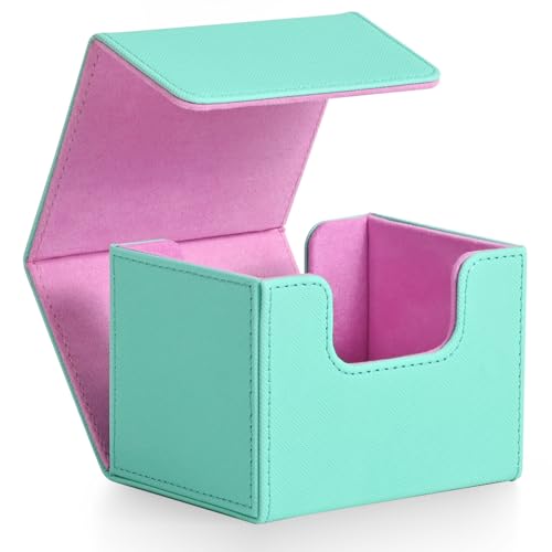 Image of ZLCA Card Deck Box for Trading Cards, MTG Commander Deck Box Holds 120+ Single Sleeved Cards, Leather Magnetic Card Storage Case Fits for TCG CCG (Turquois& Pink)