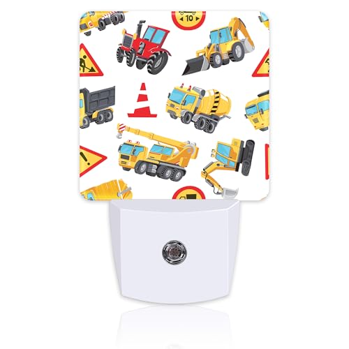 Image of Cartoon Construction Vehicles Building Machines Night Light for Kids,Colorful Trucks Cars and Road Signs Night Light Plug in with Dusk to Dawn Sensor,0.5w Energy Saving Nightlight for Home Decor