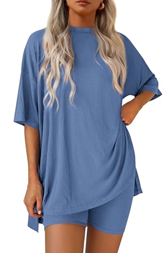 Image of PRETTYGARDEN Women 2 Piece Lounge Set 2026 Summer Casual Oversized Shirts Biker Shorts Matching Airport Travel Outfit Clothes