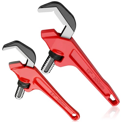 Lanties 2 Pcs 9-1/2'' and 12'' Hex Offset Wrenches Offset Pipe Wrench Heavy Duty Cast Iron Adjustable Extension Plumbing Tools with Red Handle for Tight Spaces Pipe Work