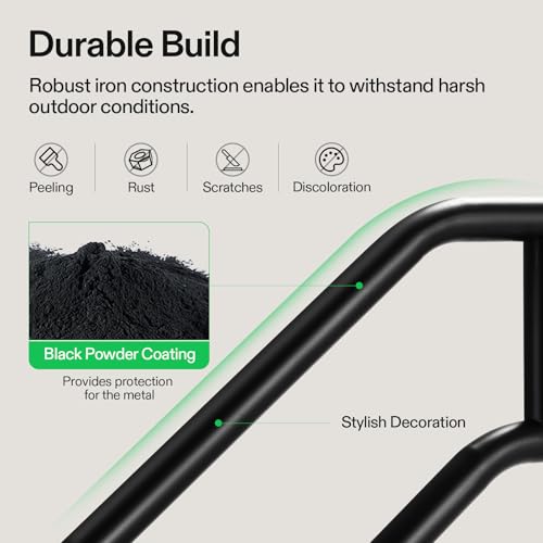 Image of VIVOSUN Outdoor Handrail, 3 Step Stair Handrail, 28 inch x 19 inch Fits 1 to 3 Steps, U-Shaped Wrought Iron Stair Railing, Wall-Mounted Safety Rail for Concrete Step, Porch Steps, Black