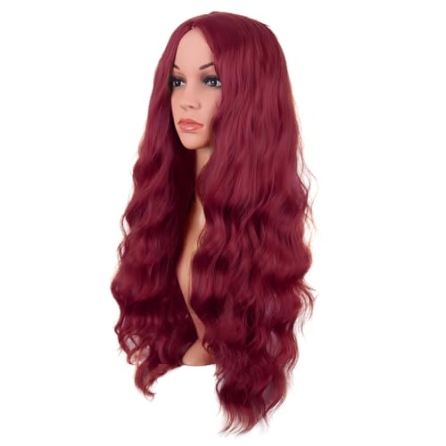 Image of MapofBeauty 28 Inch /70 cm Long Wavy Middle Part with No Bangs Synthetic Fiber Curly Fashion Women Party Cosplay Wig (Blood Red)