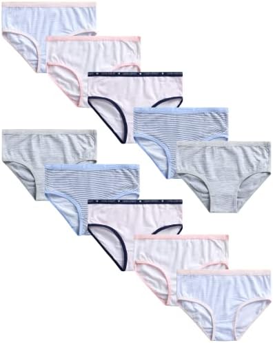 Laura Ashley Girls' Underwear - 10 Pack Stretch Cotton Briefs (Size: XS-L), Size Medium, Pink/Blue/Grey Stripes