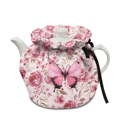 Image of Pink Butterfly Teapot Cozy for Tea Pot - Dust Cover & Insulation - Keep Warm - Kitchen Accessory