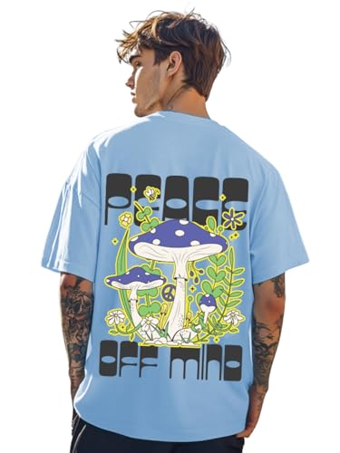 Image of Veirdo Pure Cotton Oversized Baggy Fit Drop Shoulder Stylish and Graphic Printed Round Neck Half Sleeves T-Shirt for Men (Available Color Options: Black, Green, Royal Blue, Lilac & Sky Blue)