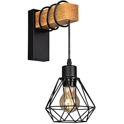 Lamparas De Pared Negras B-LED Barcelona - Ledaplique de pared vintage en diseño industrial, lámpara retro de acero y madera, casquillo E27, color negro/marrón
