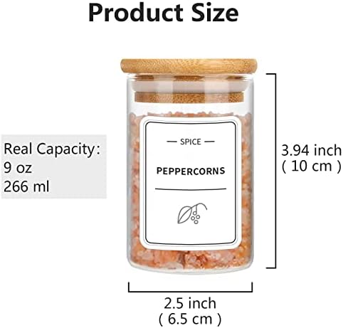 Luvan Spice Jars with Lids 12 Pcs , Glass Jars Set with Bamboo Wood Lids, Glass Spice Jars with 148 Pre-printed Minimalistic Spice Labels,Jars with Lids Airtight for Kitchen, Sugar, Coffee - 266ml