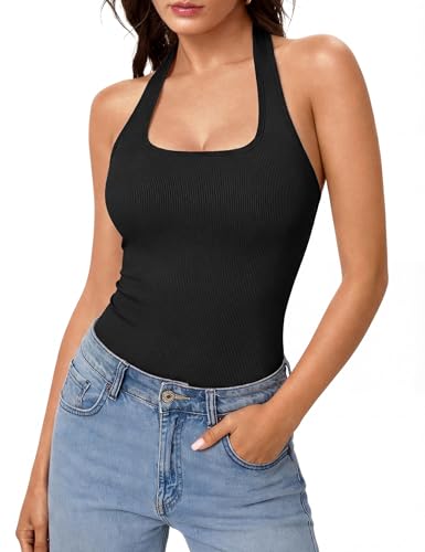 Aottori Débardeur Femme Caraco Col Halter Dos Nu Haut Sport Ete Basique Sexy sans Manches Slim Fit Chic et Elegant T-Shirt Tops Couleur Unie Noir M