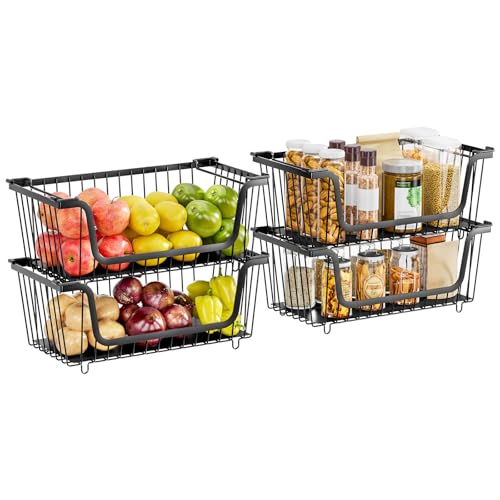4 Pcs Stackable Wire Baskets for Pantry Organizers and Storage,Kitchen Storage Metal Baskets,Produce Potato Onion Storage Bin,Vegetable Fruit Basket for Countertop,Black - image 9