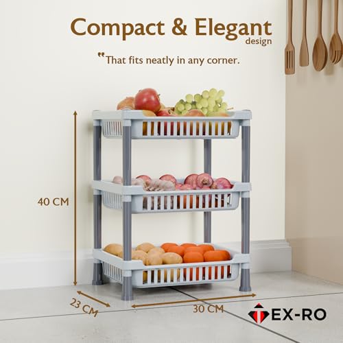 Image of TEX-RO 3-Layer Kitchen Rack Stand | Multipurpose Rack for Storage | Vegetable Stand for Kitchen Storage Rack | Durable Kitchen Racks for Storage (Grey)
