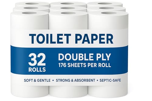32 Rolls Double Ply Toilet Paper, 176 Sheets Per Roll | Soft, Strong & Septic-Safe Bath Tissue | Bulk Pack for Home, Office & Commercial Use-Packing may vary