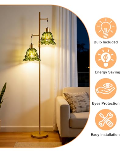 Image of Lightdot 65IN Gold Flower Floor Lamp for Living Room, 2- Light Dimmable Floor Lamps with Green Glass Lampshade, 3000K Warm White Modern Standing Tall Lamp with 5Lbs Heavy Base for Bedroom Sofa Beside