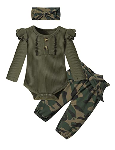 Image of KANGKANG Newborn Baby Girl Clothes Ribbed Ruffle Sleeve Romper + Floral Pants + Headband Cute Infant Baby Girl Outfit 3Pcs