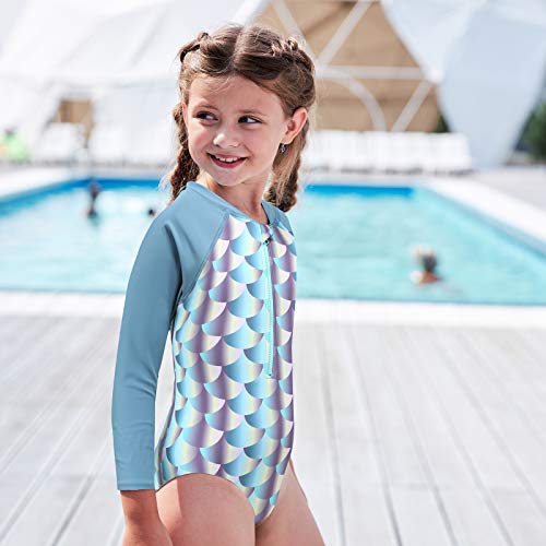 Girls Long Sleeve Rash Guard One Piece Swimsuits Zipper Front Bathing Suit Gray Green Fish Scales Sun Protection Size 8 #TOP3
