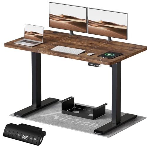 Airfish Höhenverstellbarer Schreibtisch 140x70 cm, Elektrisch Schreibtisch mit Kabelwanne, Computertisch mit USB-Buchse, Bürotisch, Stehpult mit Erinnerung an sitzende Tätigkeiten, Vintage-Braun