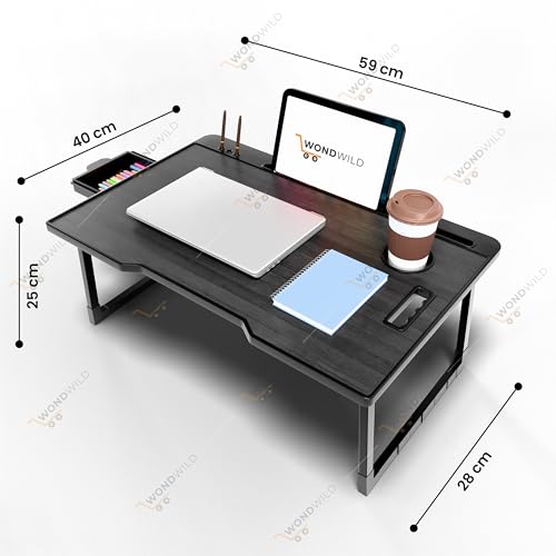 Image of WONDWILD Smart Multipurpose Foldable Laptop Table with Cup Holder, Study Table, Bed Table, Breakfast Table, Foldable and Portable /Ergonomic & Rounded Edges /Non-Slip Legs (ABS BLACKK)