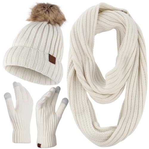 Gorro de invierno para mujer con bufanda y guantes táctiles térmicos 4