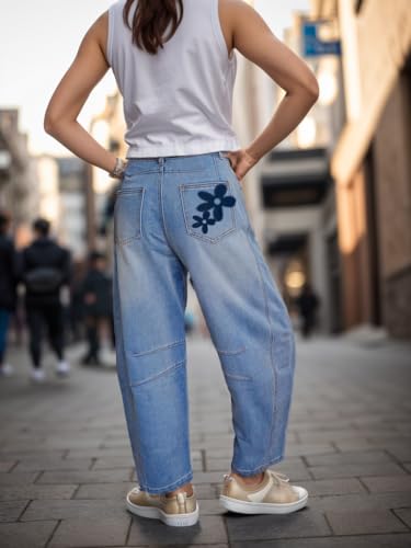 Women's Mid Rise Barrel Jeans Ankle Y2k Baggy Boyfriend Jeans Vintage Wide Leg Denim Pants with Pockets3