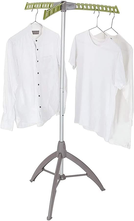 Collapsible Clothes Drying Rack, Portable Garment Racks Indoor, Foldable Standing Laundry Racks for Drying Clothes, Tripod Stand, Hangaway Garment Rack, Steamer Hanger Stand, Green and Grey