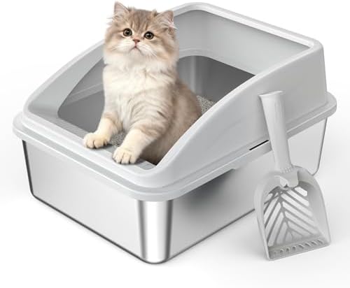 FURTIME Katzenklo Edelstahl, Katzentoilette Edelstahl 18L mit Schaufel, Katzenklo Metall mit Hochwandigem Seitengehäuse Auslaufsicher Gegen Verschüttungen für Kätzchen, 44x34x20cm