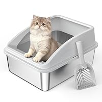 FURTIME Katzenklo Edelstahl, Katzentoilette Edelstahl 18L mit Schaufel, Katzenklo Metall mit Hochwandigem Seitengehäuse Auslaufsicher Gegen Verschüttungen für Kätzchen, 44x34x21cm