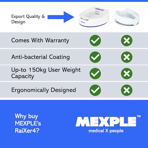 Image of MEXPLE RaiXer4 Raised Toilet Seat Raiser Elevator (4 Inch) (5 Years Warranty) | Plastic Commode Seat Extension | Tool Free Installation | For Handicap, Knee Patients, Old Senior Citizen - White