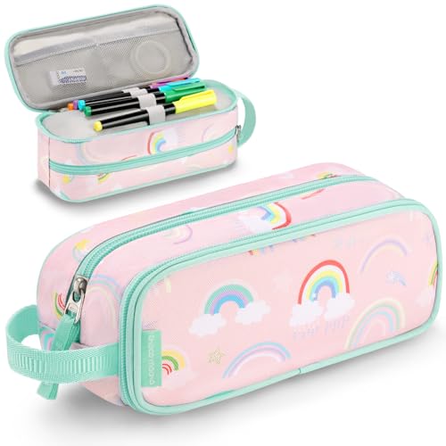 Image of Choco Mocha Girls Pencil Case for Kids, Soft Large Zipper Pencil Pouch for Kids with 2 Compartments Girls Pencil Case for School Rainbow Pencil Bag, Pink