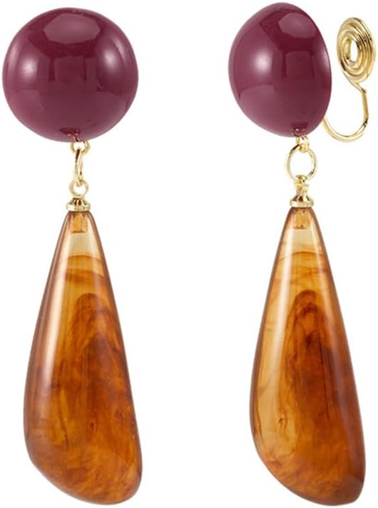 Vintage Brown Teardrop Round Disc Clip On Statement Dangle Drop Earrings for Women Non Piereced Ear Hypoallergenic Resin Waterdrop Fake Dangling Lightweight Fashion Jewlery Gift