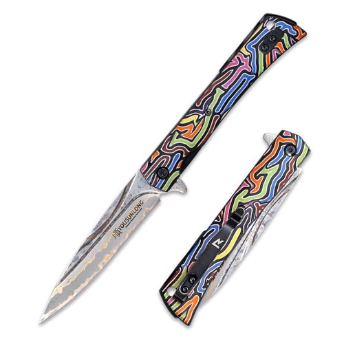 YOUSUNLONG Cuchillo Plegable - Cuchillo Camping CuMai Hoja Acero Damasco - Mango G10 Multicolor