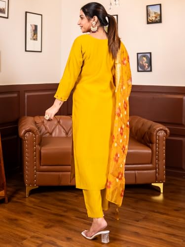 Image of VredeVogel Women's Beads Embroidered Silk Blend Kurta Pant Set with Organza Dupatta | Perfect for Festive & Casual Ethnic Kurta Set for Women