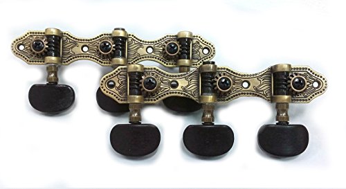 Generic Classical Guitar Machine Head 1right and 1left, Antique Brass Color Plated Surface, Black Post with Ebony Button